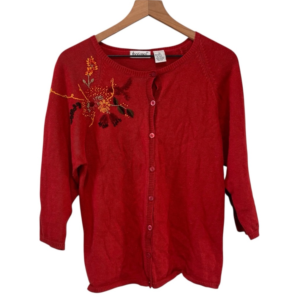 Vintage Button Front Cardigan Sweater 3/4  Sleeves Sunflower Embroidery